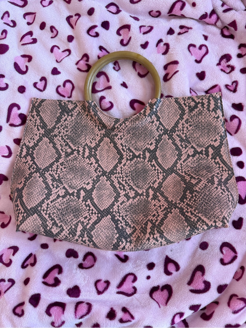 Pink Snake-Print Circle Handle Tote Bag